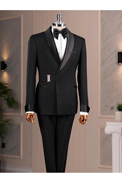 TerziAdemAltun İtalyan stil slim fit şal yaka ceket pantolon damatlık set siy...