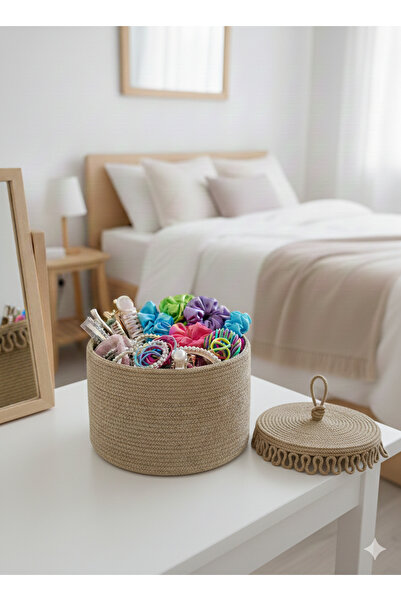 DNC Art&Deco Handmade Fringed Lid Jute Basket Decorative Makeup and Jewelry O...