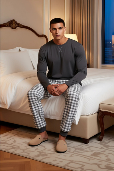 PayBuy Men's Anthracite Crew Neck Plaid Patterned Pajama Set Functional Durable Quality Stylish