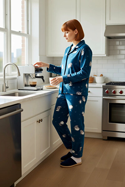 PayBuy Women's Petrol Penguin Patterned Fleece Pajama Set Functional Durable Quality Comfortable Stylish