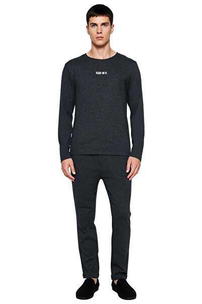 PayBuy Men's Anthracite Crew Neck Printed Long Sleeve Pajama Set Functional Durable Modern