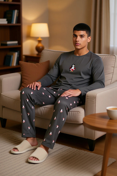 PayBuy Men's Penguin Embroidered Crew Neck Long Sleeve Pajama Set Functional Durable Aesthetic