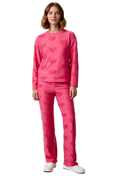 PayBuy Women's Lilac Heart Patterned Crew Neck Pajama Set Functional Durable Quality Aesthetic