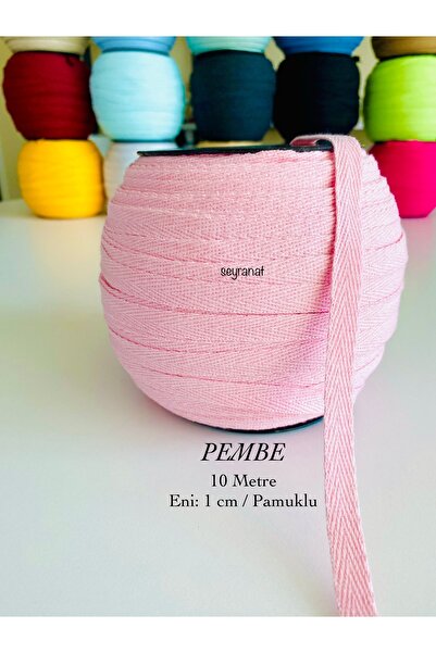 seyranat 10 Metre Eni 1 Cm Pembe Renk %100 Pamuklu Dar Dokuma-Balıksırtı Biye...
