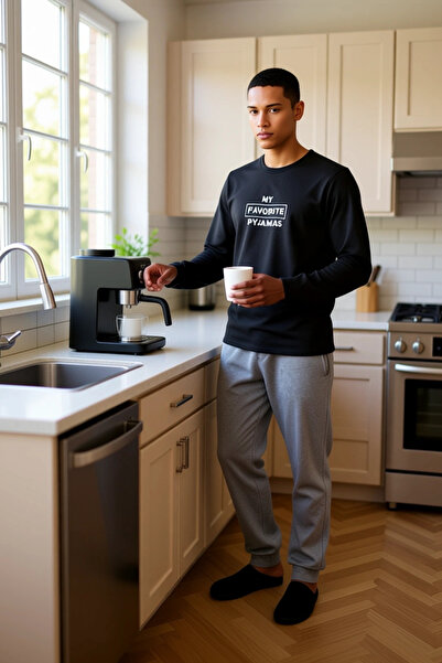 PayBuy Men's Anthracite Crew Neck Slogan Printed Pajama Set Functional Durable Quality Stylish