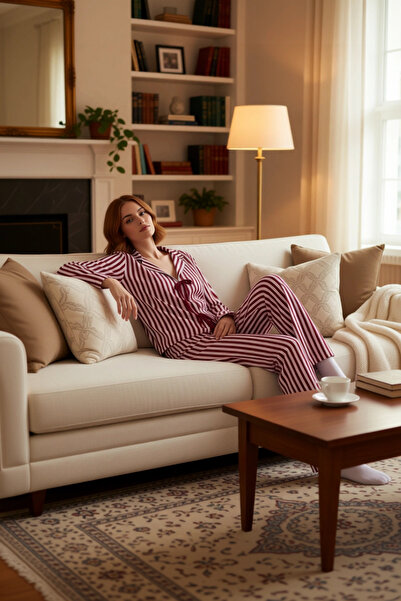 PayBuy طقم بيجامة نسائية مخططة بياقة وربطة عنق، عملي ومتين وعالي الجودة ومريح...