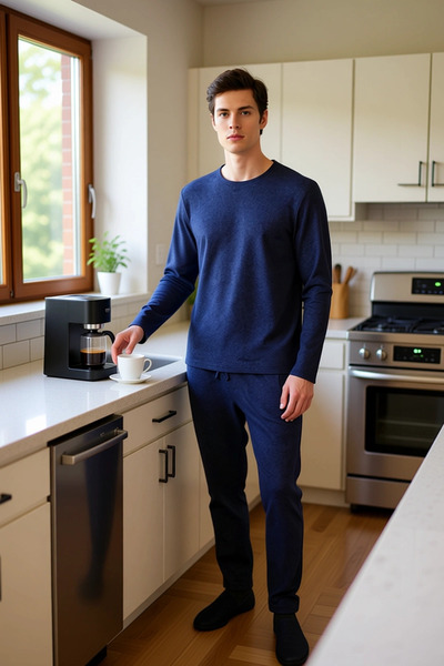 PayBuy Men's Waffle Textured Pajama Set Crew Neck Long Sleeve Regular Fit Functional Aesthetic