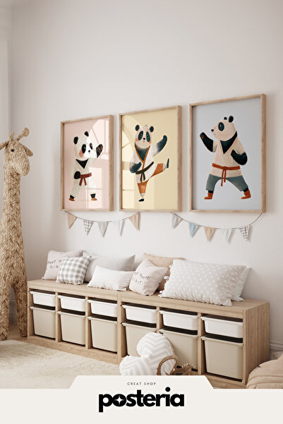 Posteria 3'lü Karateci Pandalar, Çocuk Odası Tablosu, Doğal Ahşap Çerçeveli Ç...