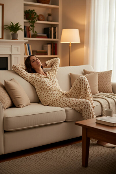 PayBuy Kadın Kruvasan Desenli Viskon Pijama Takımı Uzun Kollu Gömlek ve Panto...