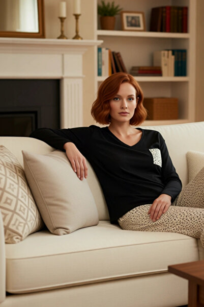 PayBuy Дамски комплект пижама с V-образно деколте, дълги ръкави, леопардов пр...