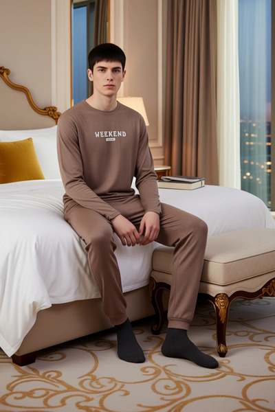 PayBuy Men's Slogan Printed Crew Neck Long Sleeve Pajama Set Functional Durable Quality