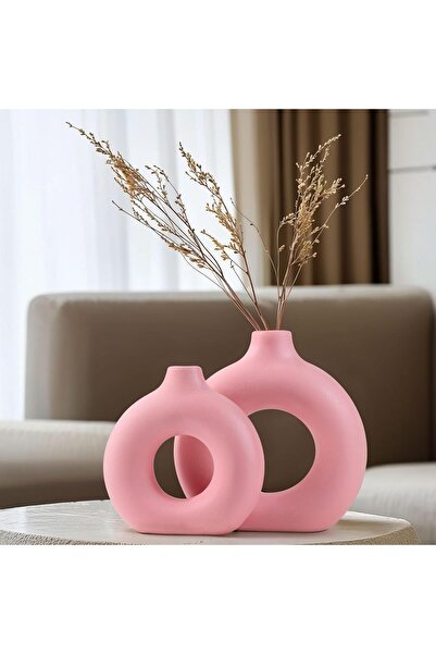 QIANLING طقم مزهريات سيراميك وردية مقاومة للماء من قطعتين بتصميم دونات لعشب ا...