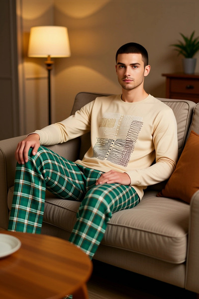 PayBuy Ανδρικό σετ πιτζάμες με καρό σχέδιο ανθρακί με λαιμόκοψη, λειτουργικό, ανθεκτικό, κομψό