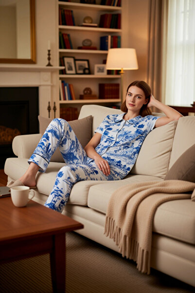 PayBuy Set de pijamale cu mâneci scurte guler tip Peter Pan cu model peisaj pentru femei Funcțional Durabil Calitate Elegant