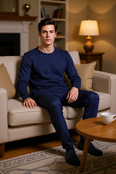 PayBuy Men's Waffle Textured Pajama Set Crew Neck Long Sleeve Regular Fit Functional Aesthetic