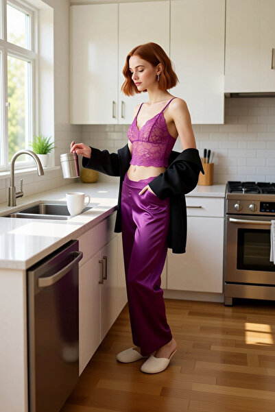 PayBuy Women's Open Lace Detailed Satin Pajama Set Functional Durable Quality Comfortable Sport