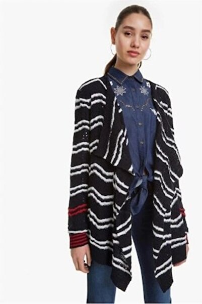 Desigual Black knit sweater with white stripes XL