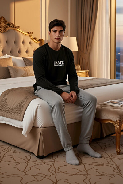 PayBuy Men's Slogan Printed Regular Fit Long Sleeve Pajama Set Functional Durable Quality Stylish