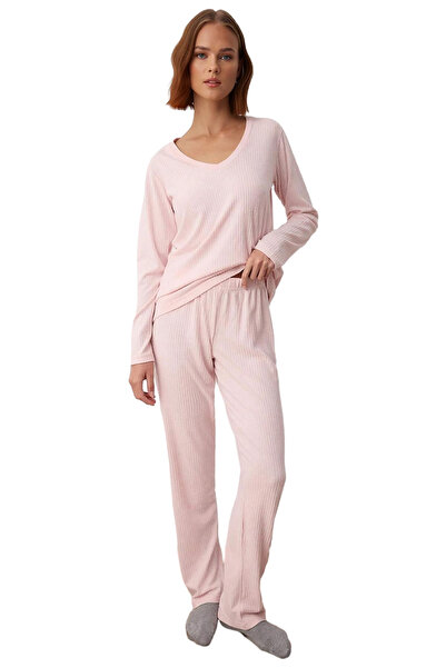 PayBuy Women's V-Neck Corded Fabric Knitted Pajamas Set Functional Durable Quality Comfortable Aesthetic Stylish