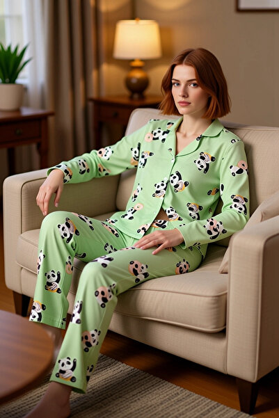 PayBuy Women's Bear Pattern Plaid Pajama Set Shirt Collar Long Sleeve Functional Durable Sports