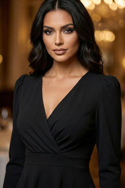 Mossta Black V-Neck Waist Fitted Midi Dress – Classic Stylish Evening Dress Model