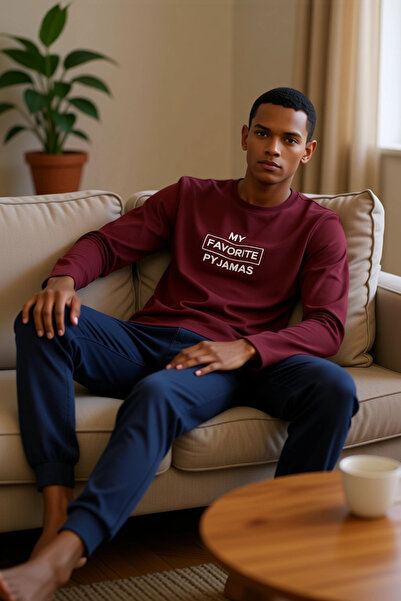 PayBuy Men's Anthracite Crew Neck Slogan Printed Pajama Set Functional Durable Quality Stylish