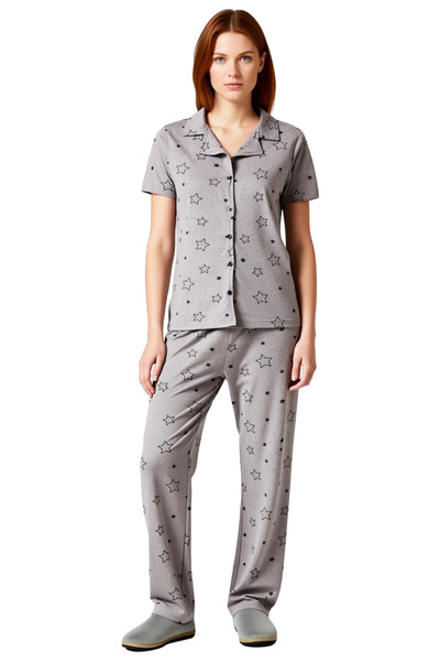PayBuy Women's Melange Star Patterned Shirt Collar Pajama Set Functional Durable Quality Comfortable