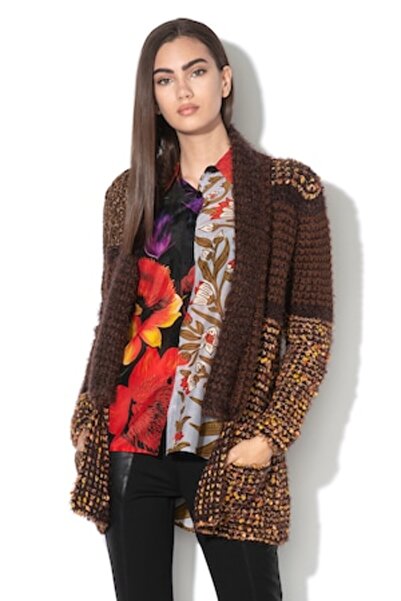 Desigual Oslo chunky knit cardigan with shiny yarn inserts, Brown/Yellow, M