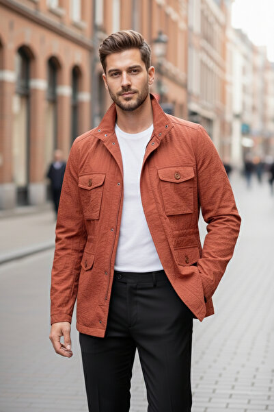 NAZEF Slim Fit Waist Adjustable Double Pocket Tile Thin Summer Coat