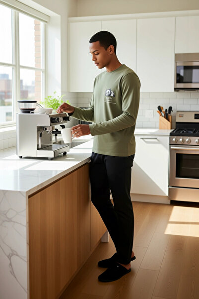 PayBuy Men's Khaki Panda Printed Crew Neck Long Sleeve Pajama Set Functional Durable Sport