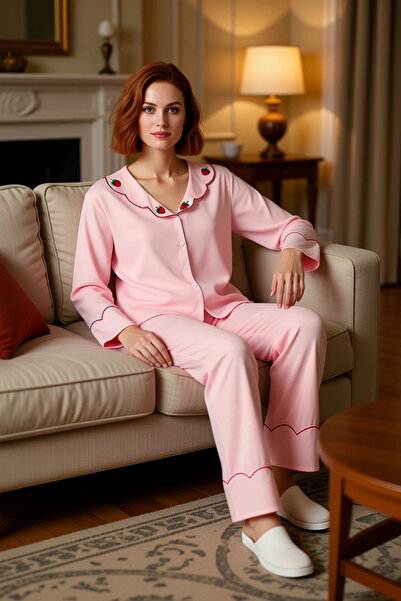 PayBuy Kadın Çilek Nakışlı Viskon Gömlek Yaka Pijama Takımı Fonksiyonel Dayan...