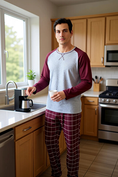 PayBuy Men's Crew Neck Checkered Pajama Set Long Sleeve Functional Durable Quality Aesthetic