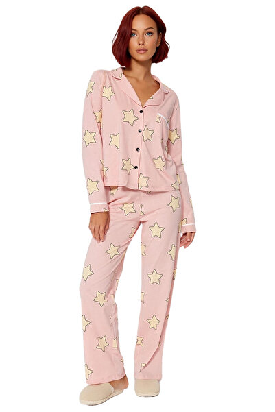 PayBuy Women's Powder Star Pattern Shirt Collar Pajama Set Functional Durable Quality Modern