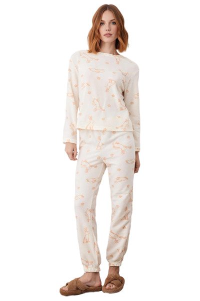 PayBuy Women's Rabbit Patterned Fleece Pajama Set Functional Durable Quality Comfortable Aesthetic Stylish