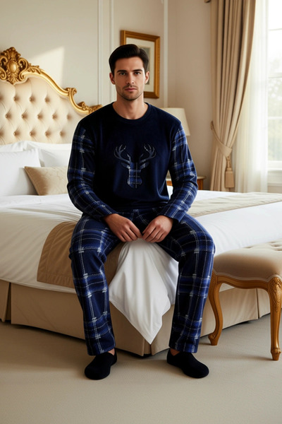 PayBuy Men's Fleece Pajama Set Plaid Pattern Crew Neck Functional Durable Quality Comfortable