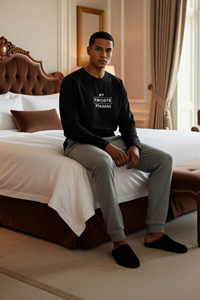 PayBuy Men's Anthracite Crew Neck Slogan Printed Pajama Set Functional Durable Quality Stylish