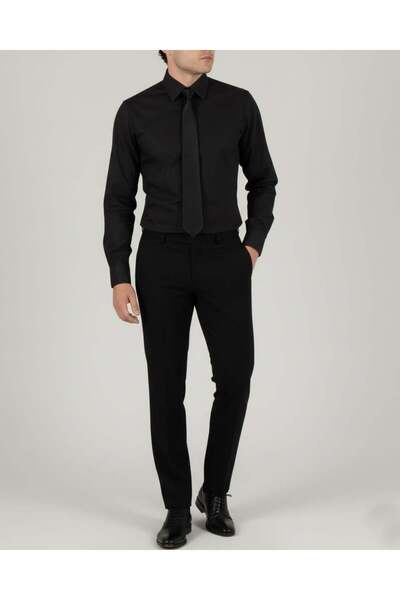 TerziAdemAltun Italian Style S Slim Fit Tie Collar Men's Shirt Black T13814