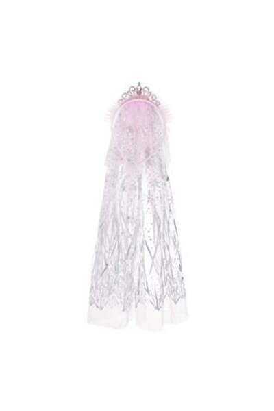 SHOPIENS Pink Hair Crown with Tiara & Long Tulle Veil with Silver Foil Flakes