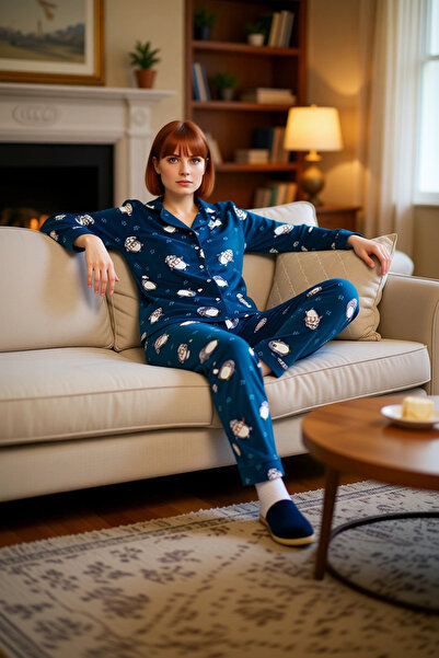 PayBuy Women's Petrol Penguin Patterned Fleece Pajama Set Functional Durable Quality Comfortable Stylish