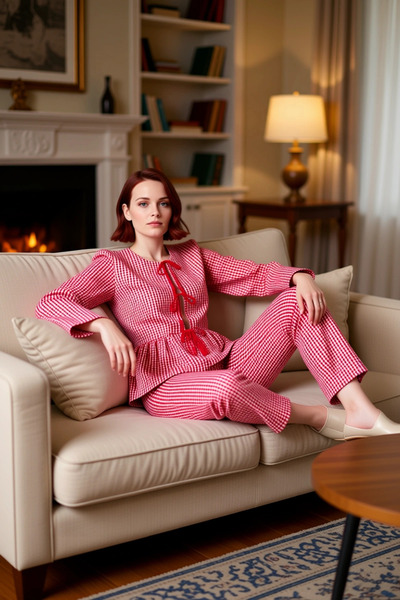 PayBuy Women's Red Plaid Woven Pajama Set Functional Durable Quality Comfortable Aesthetic Stylish