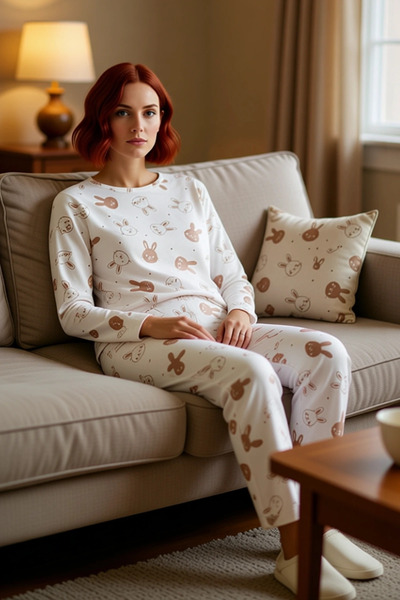 PayBuy Women's Rabbit Pattern Pajama Set Long Sleeve Crew Neck Functional Durable Quality