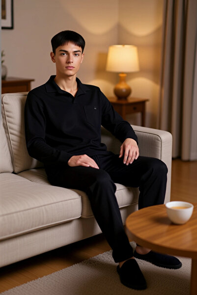 PayBuy Men's Waffle Textured Polo Neck Pajama Set Functional Durable Quality Comfortable Modern