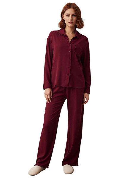 PayBuy Women's Plum Plain Woven Viscose Shirt Pants Pajama Set Functional Durable Aesthetic