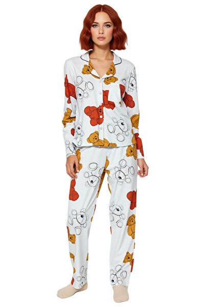 PayBuy Women's Teddy Bear Patterned Shirt and Pipe Leg Pajama Set Functional Durable Quality Sports