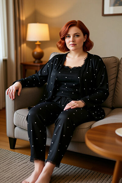 PayBuy Women's Heart Patterned 3 Piece Pajama Set Functional Durable Quality Comfortable Aesthetic Stylish