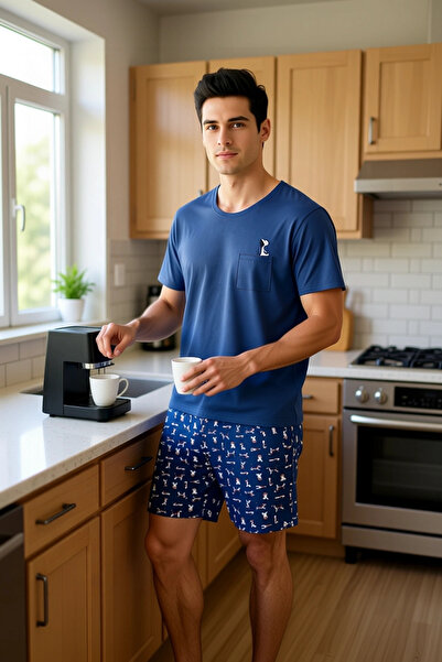 PayBuy Ανδρικό σετ πιτζάμες με κοντό μανίκι με σχέδιο Indigo Dog με λαιμόκοψη, λειτουργικό, ανθεκτικό και κομψό