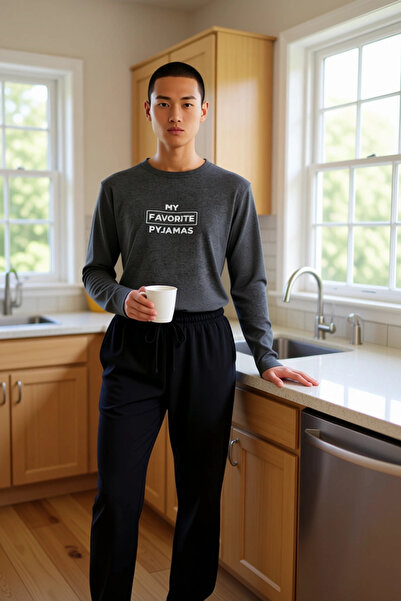 PayBuy Men's Anthracite Crew Neck Slogan Printed Pajama Set Functional Durable Quality Stylish