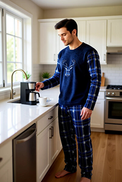 PayBuy Men's Fleece Pajama Set Plaid Pattern Crew Neck Functional Durable Quality Comfortable