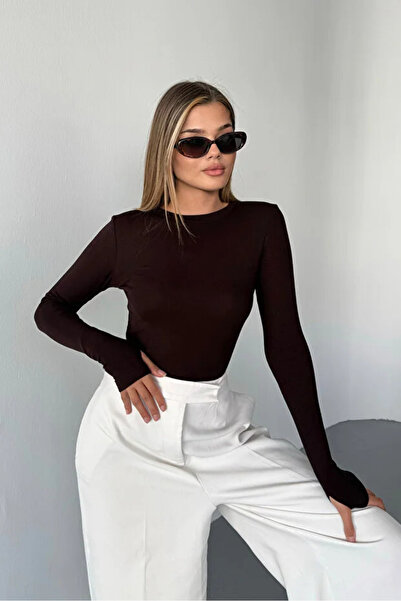 jeneric Kahverengi Bisiklet Yaka Parmak Geçme Detaylı Buzzy Kumaş Slim Fit Bo...