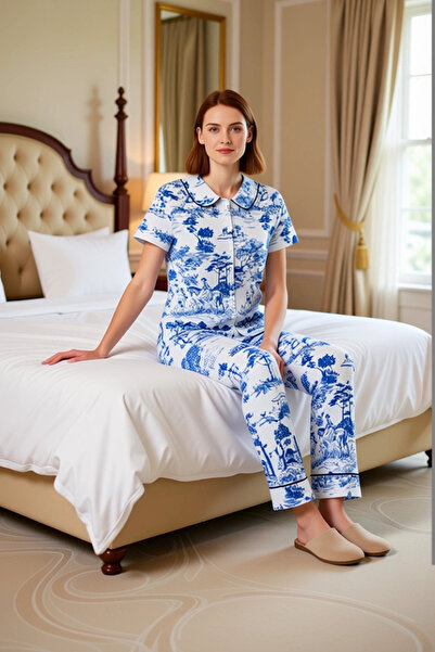 PayBuy Set de pijamale cu mâneci scurte guler tip Peter Pan cu model peisaj pentru femei Funcțional Durabil Calitate Elegant